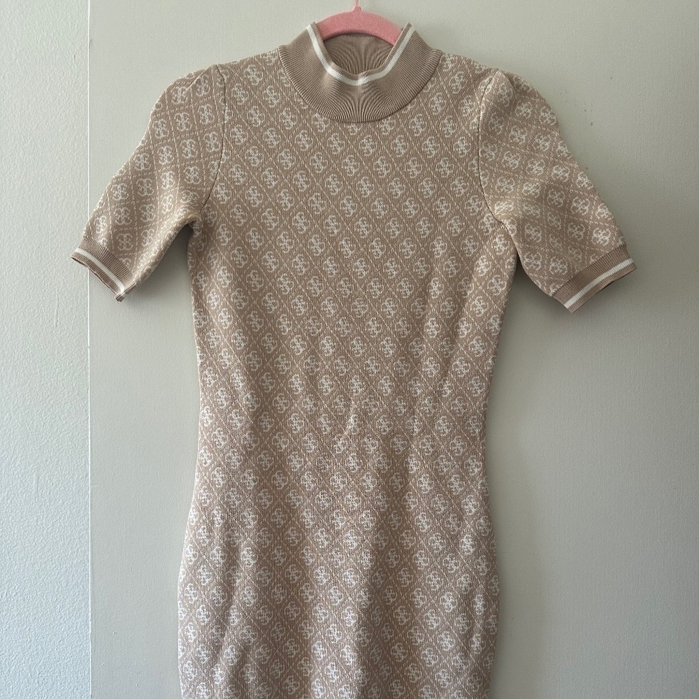 GUESS? Logomania Tan and Cream Sweater Dress Size XS